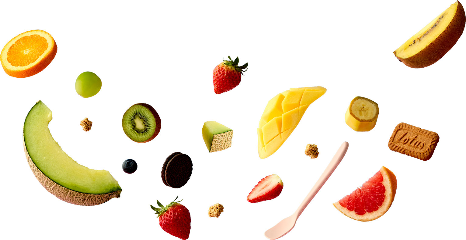 오렌지, 메론, 샤인머스켓, 딸기, 망고, 블루베리, 딸기, 자몽, 바나나, 견과류, 로투스 등
